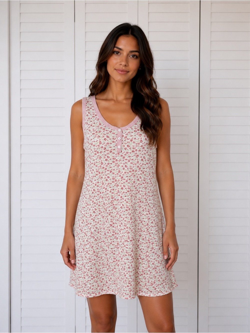 Aria Pink Floral Cotton Tank Dress Small Cottagecore Gingham Trim